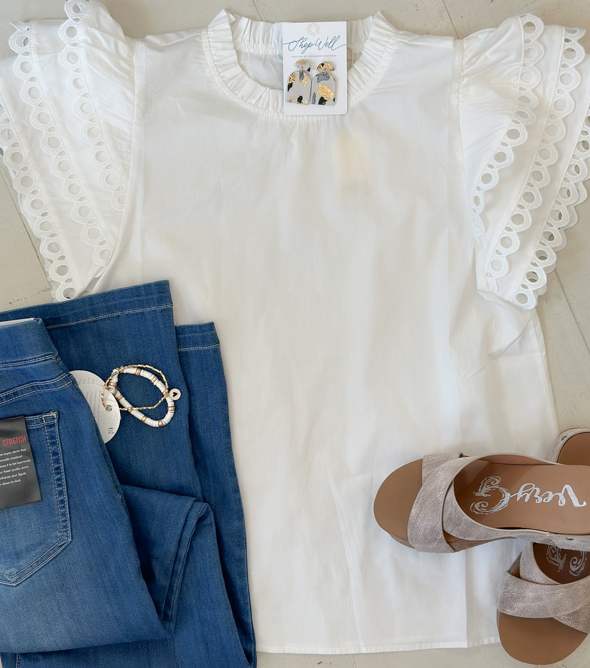 Solid White Top With Ruffled Eyelet Cap Sleeve