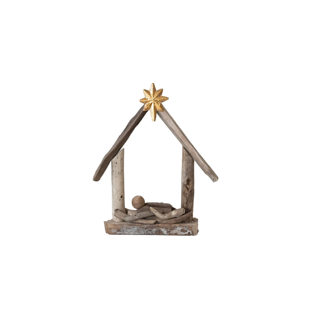 Handmade Driftwood & Acacia Wood Baby Jesus in Manger | Natural & Gold Finish