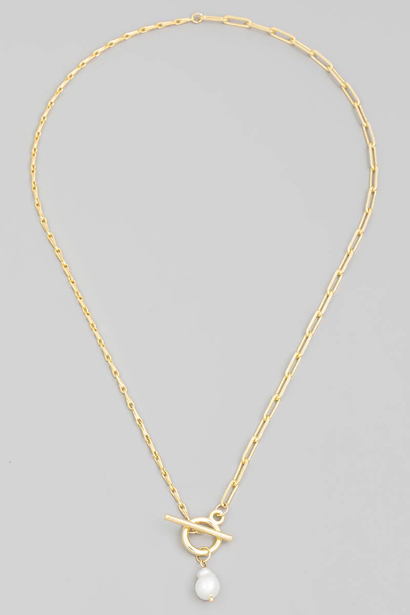 Toggle Chain Pearl Charm Necklace: Gold