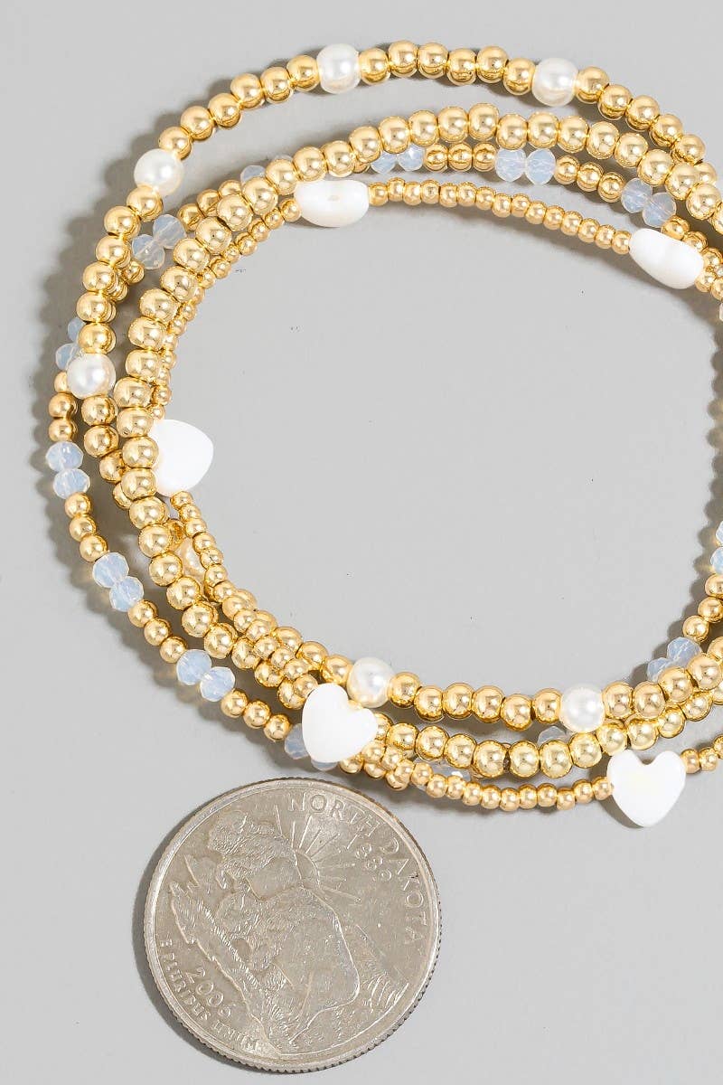 Heart Charms Pearl And Metallic Beaded Bracelet Set: Gold