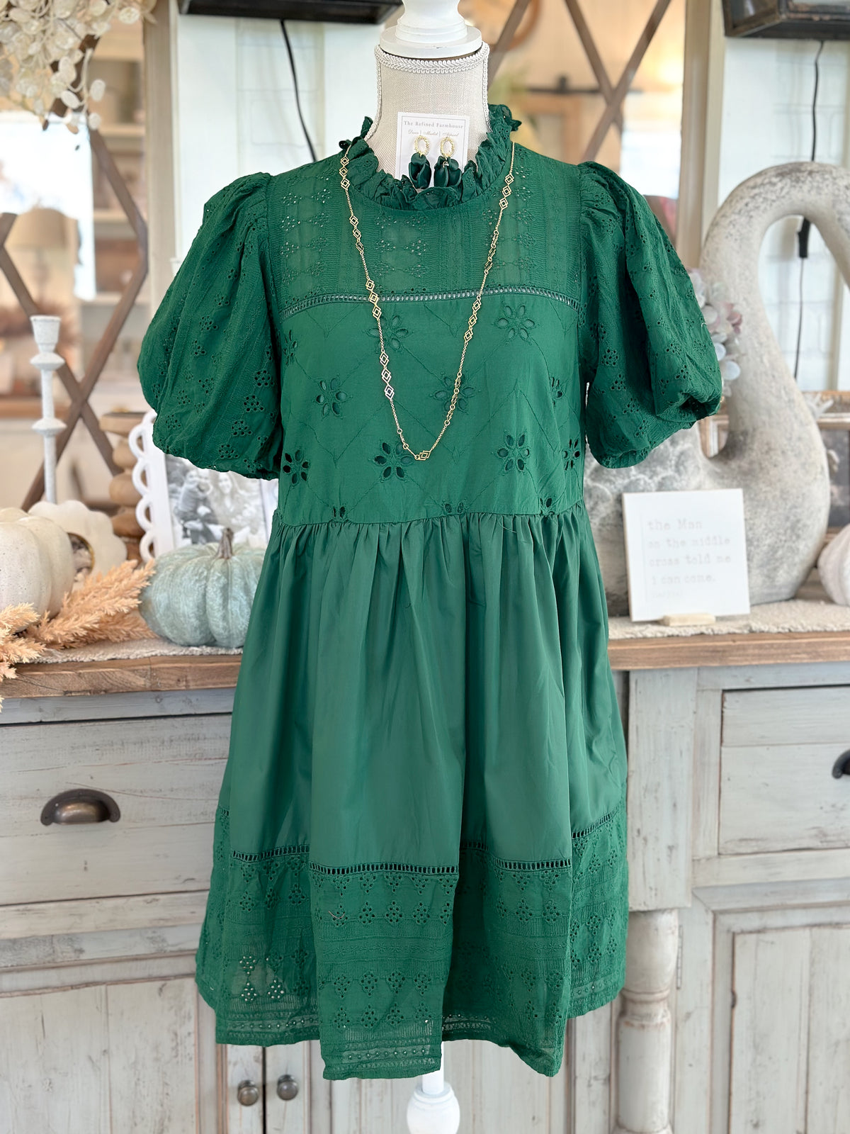 Forest Green Short Bubble Sleeve Dress