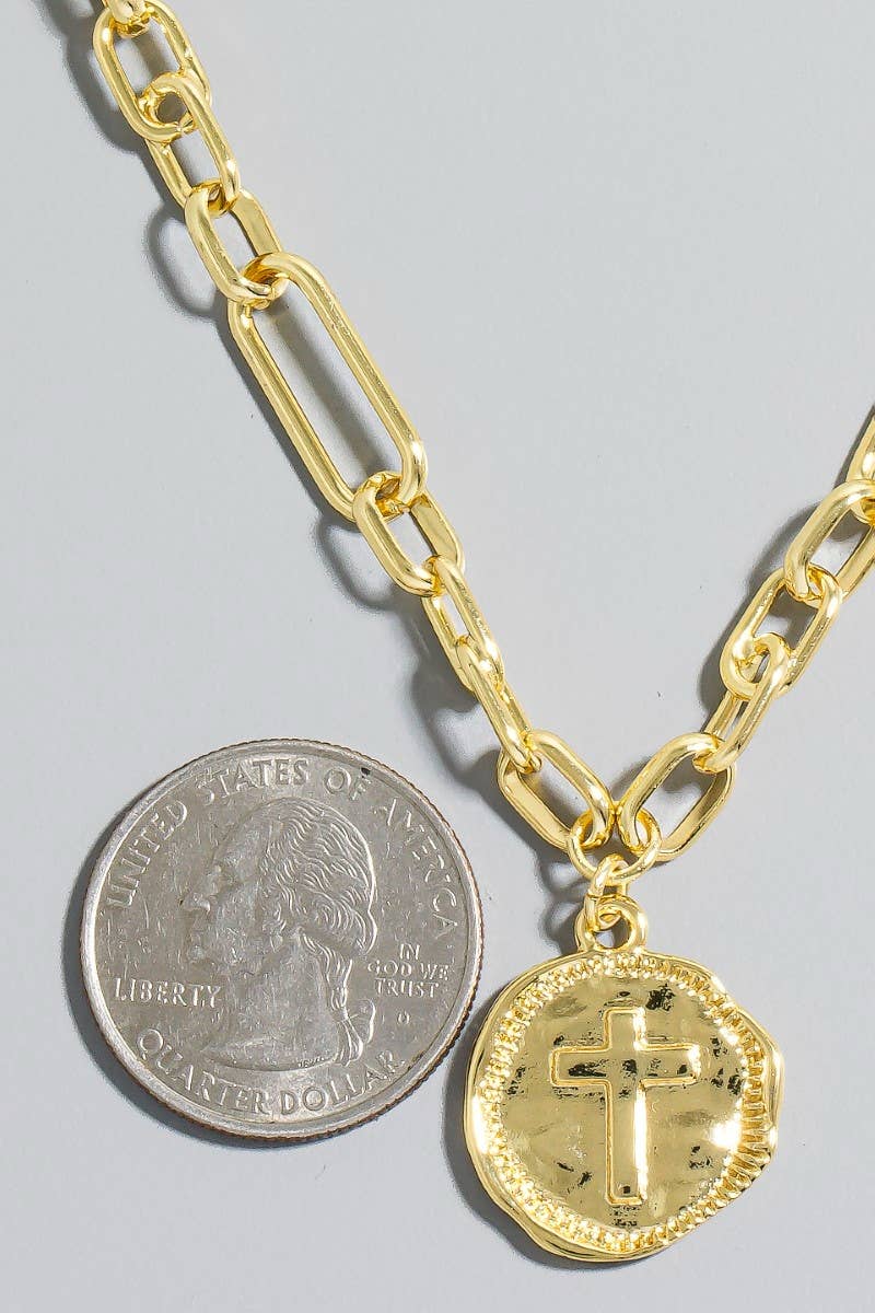 Gold Dipped Cross Coin Pendant Chain Necklace: GOLD