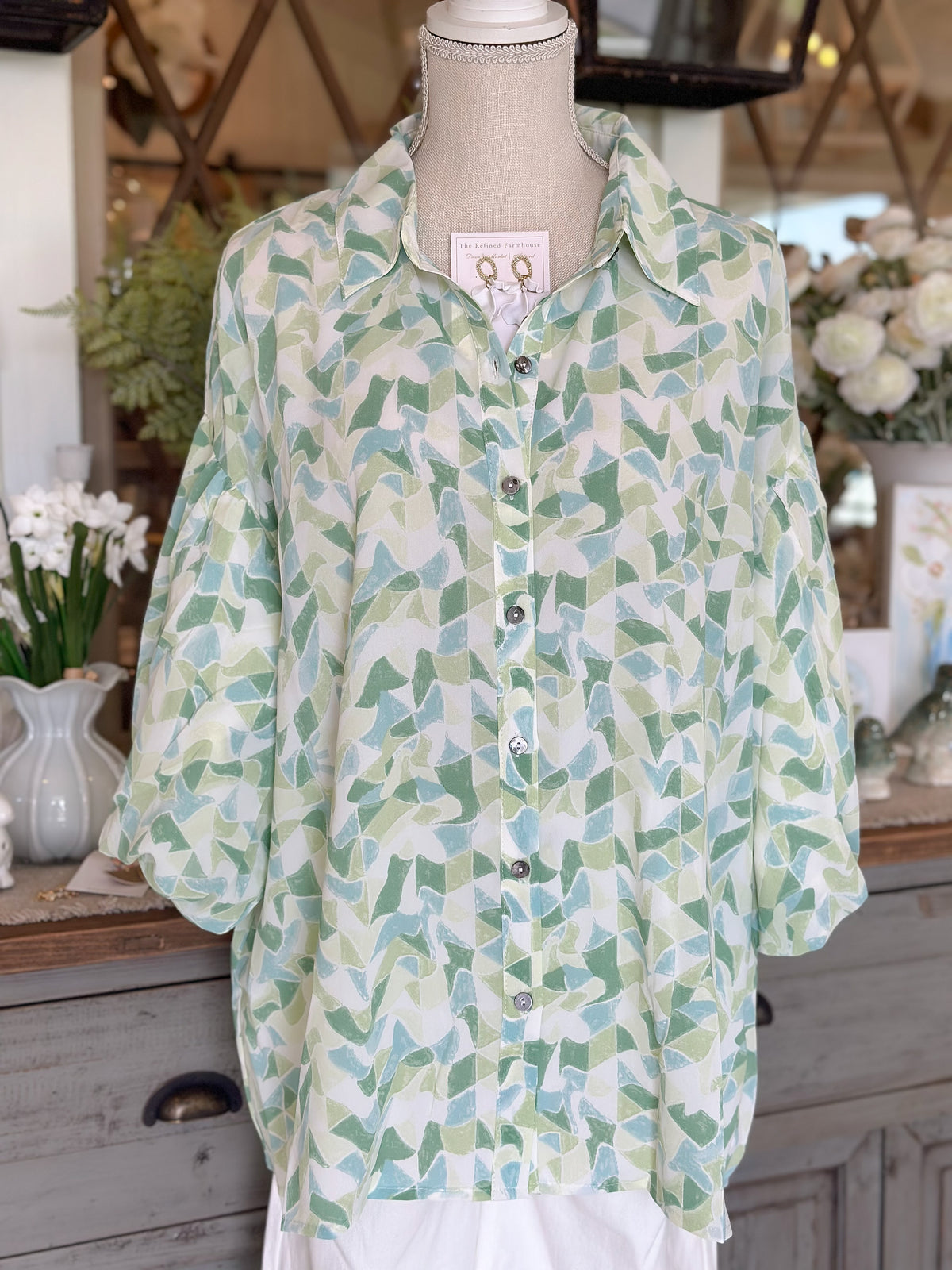 Green Blue and White Geometric Print Blouse-Curvy