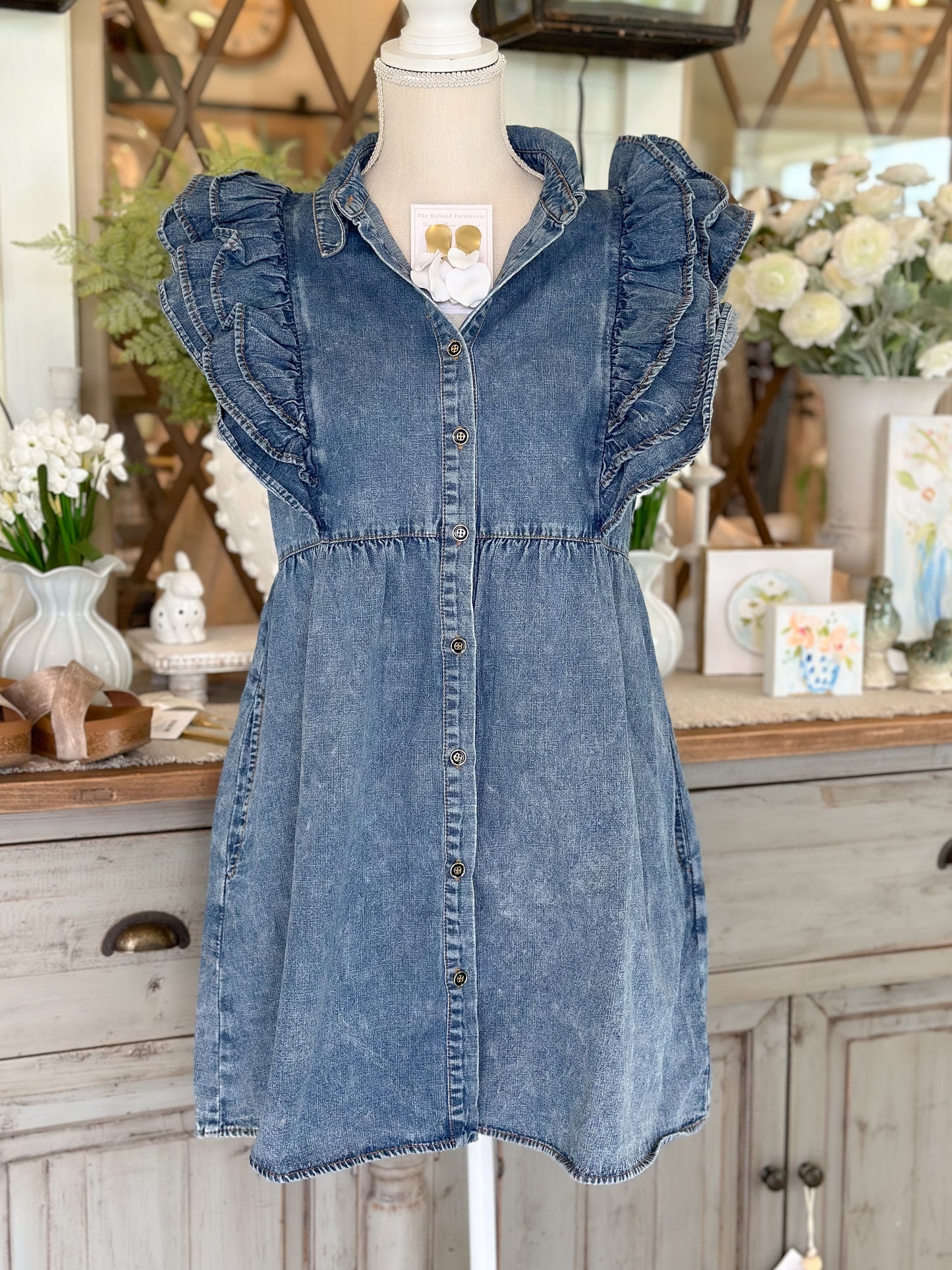 Denim Baby Doll Dress with Pockets