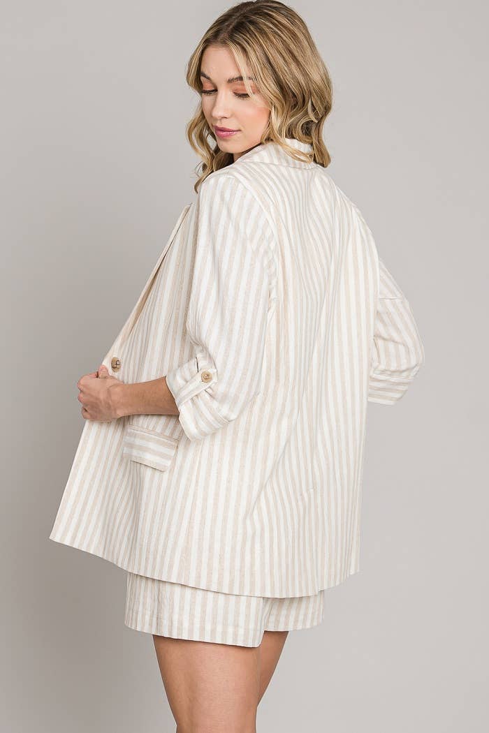 Striped Soft Linen 3/4 Roll-Tab Sleeves Jacket: Soft Blue, S