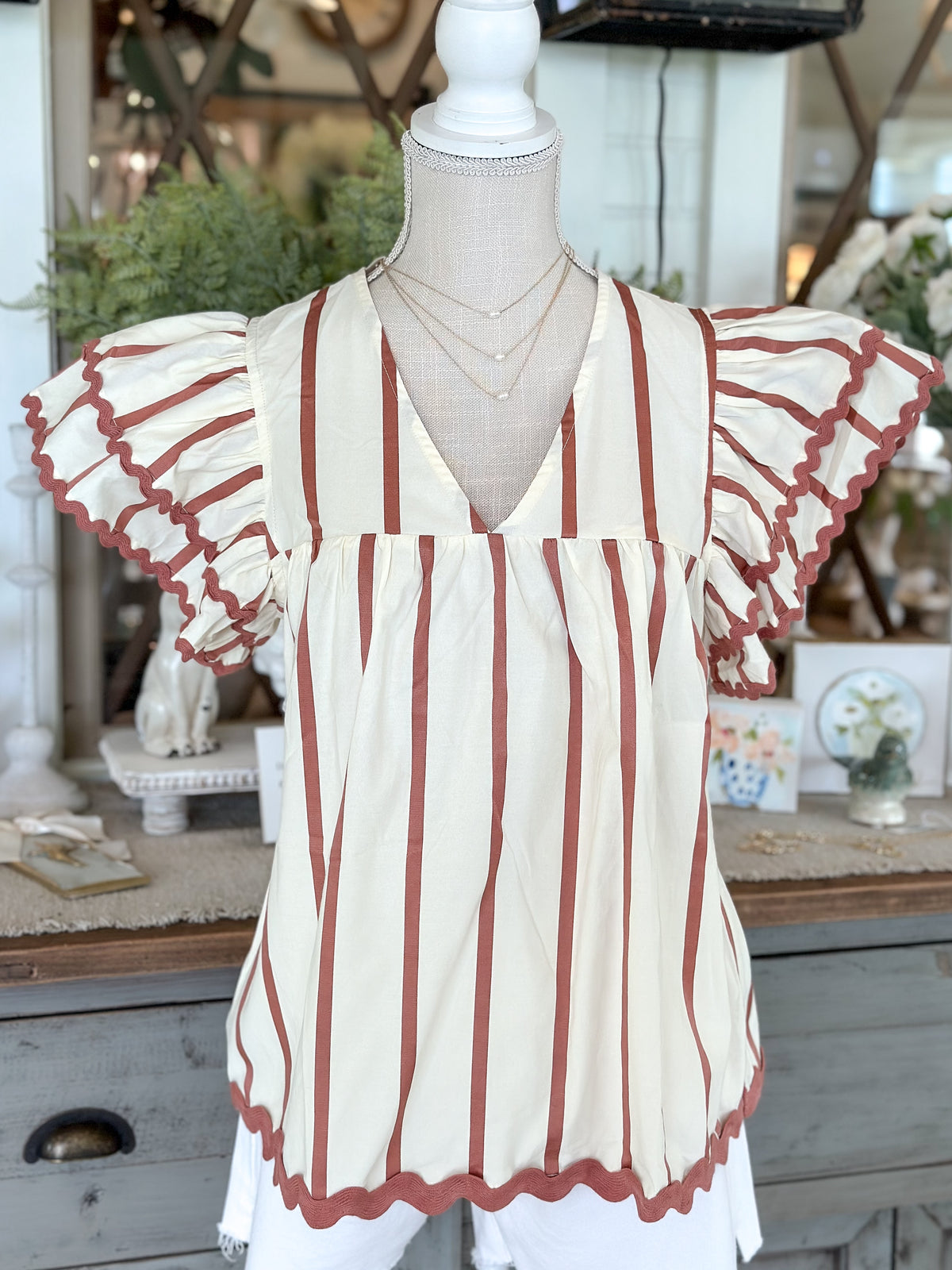 Rust Stripe v-neck w/ric rac trim