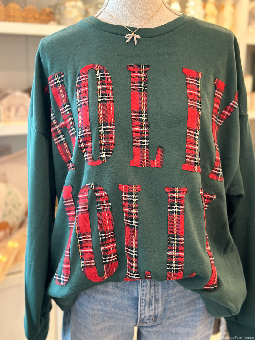 Plaid Holly Jolly Lettering Christmas Sweatshirt