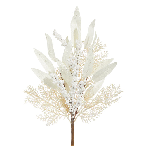 20" Cream Cedar & Laurel Leaf with Berries Pick
