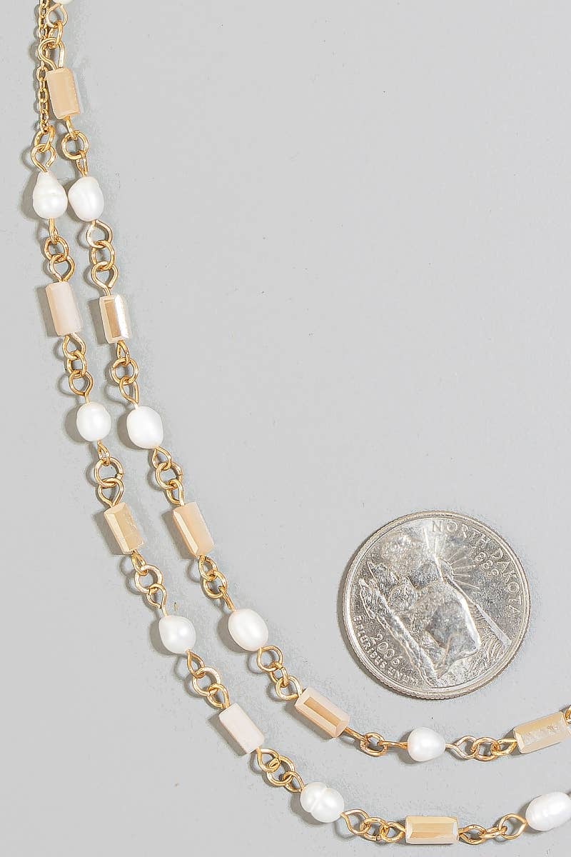 Pearl And Faceted Bar Station Bead Chain Layered Necklace: G
