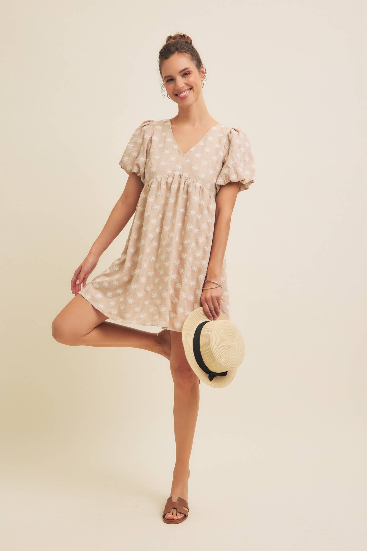 Embroidered Sand Dress with Puff Sleeves
