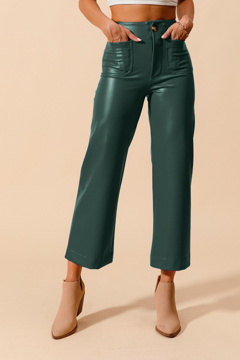 MID RISE FAUX LEATHER WIDE LEG BOOT CUT PANTS-Green