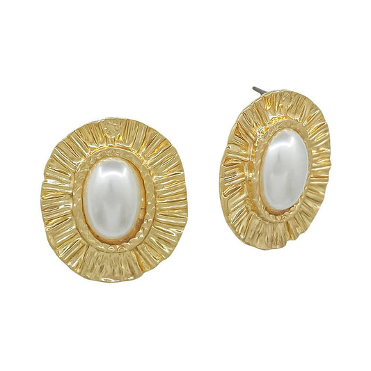 Textured Gold 1.25" Circle with Pearl Accents Earring