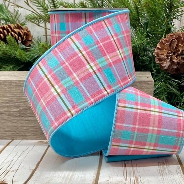 4" Dupion fused Plaid, Pink-Aqua Ribbon