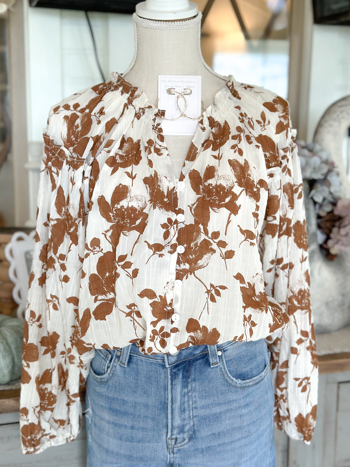 Floral Printed Crinkle Long Sleeve Blouse