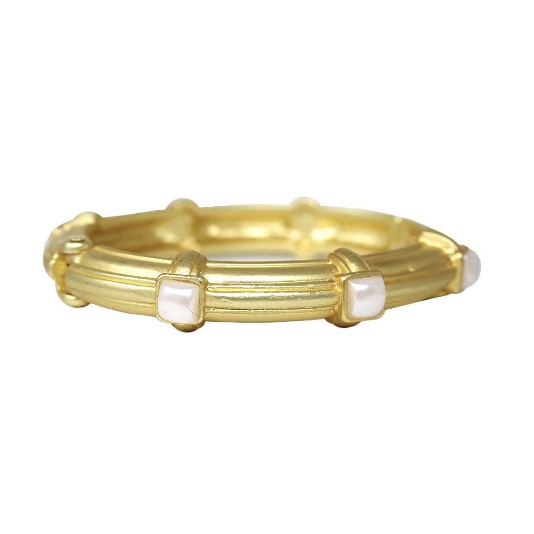Matte Gold Metal Hinged Bracelet with Pearl Square Crystal Stone Accents