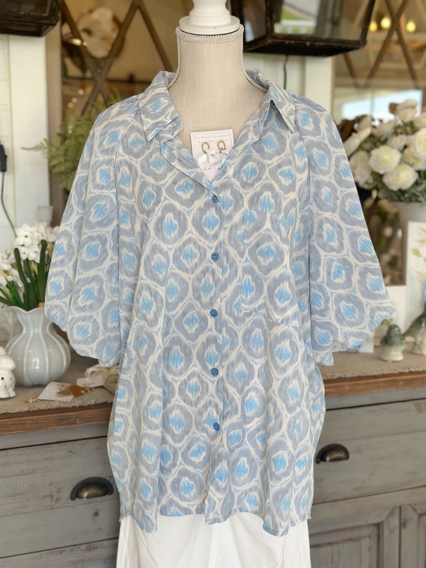 Geometric Printed Bubble Sleeve Button Down Top