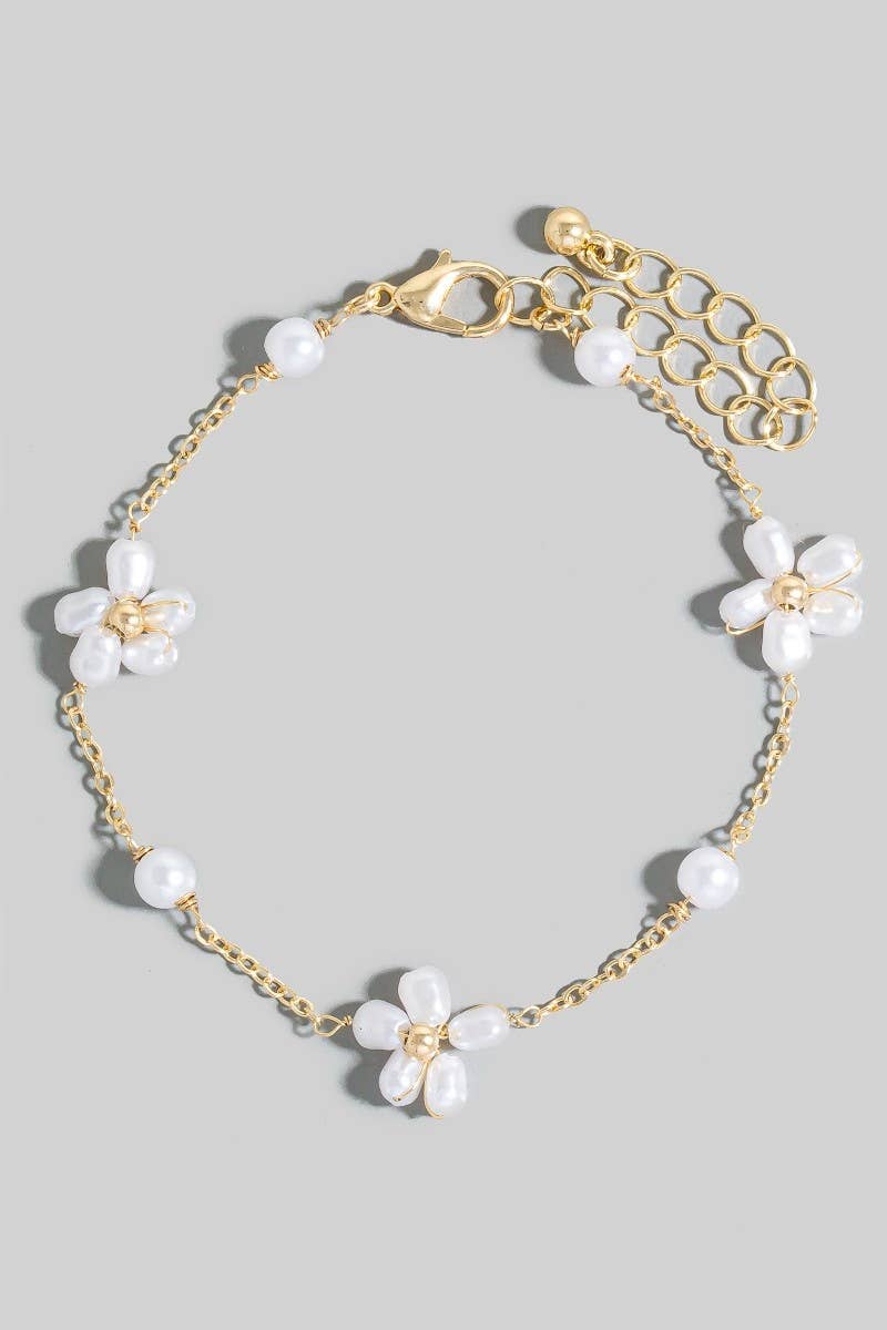Pearl Beaded Flower Chain Bracelet Gold