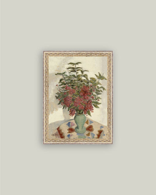 Red Hydrangeas Framed Antique Art: 12x16