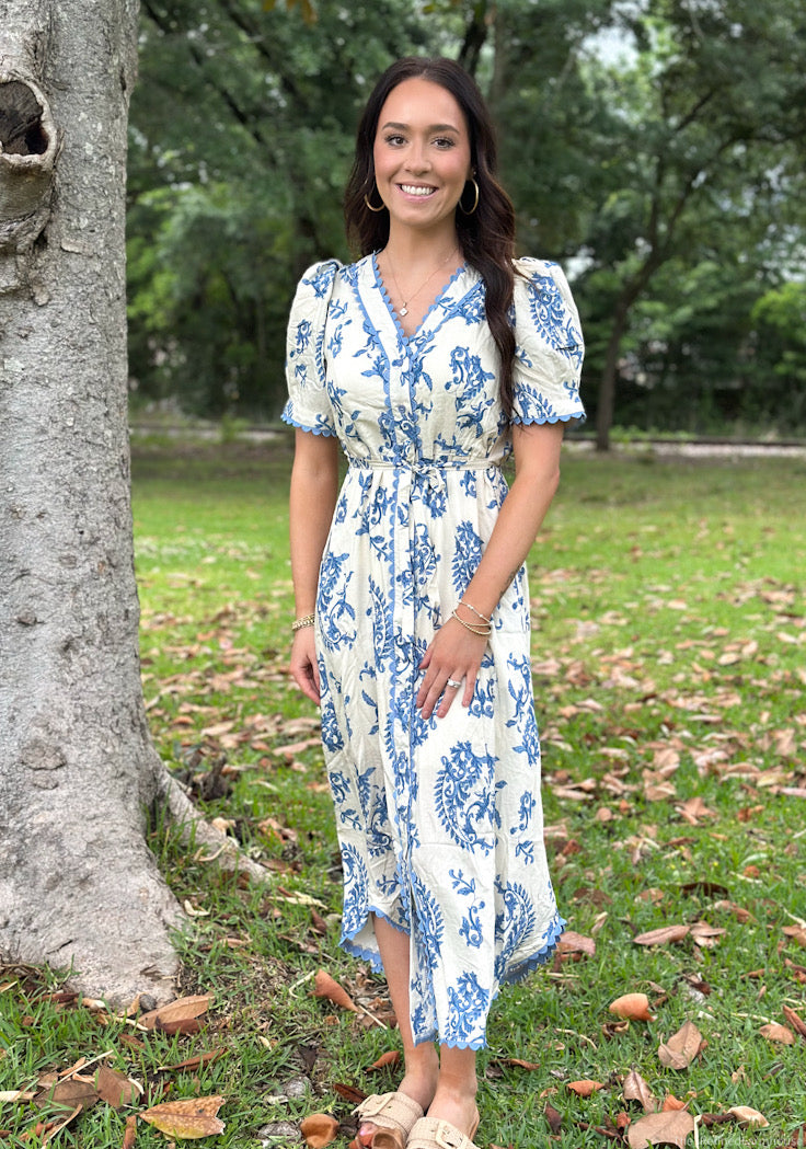 Paisley Pleated Scallop Midi Dress