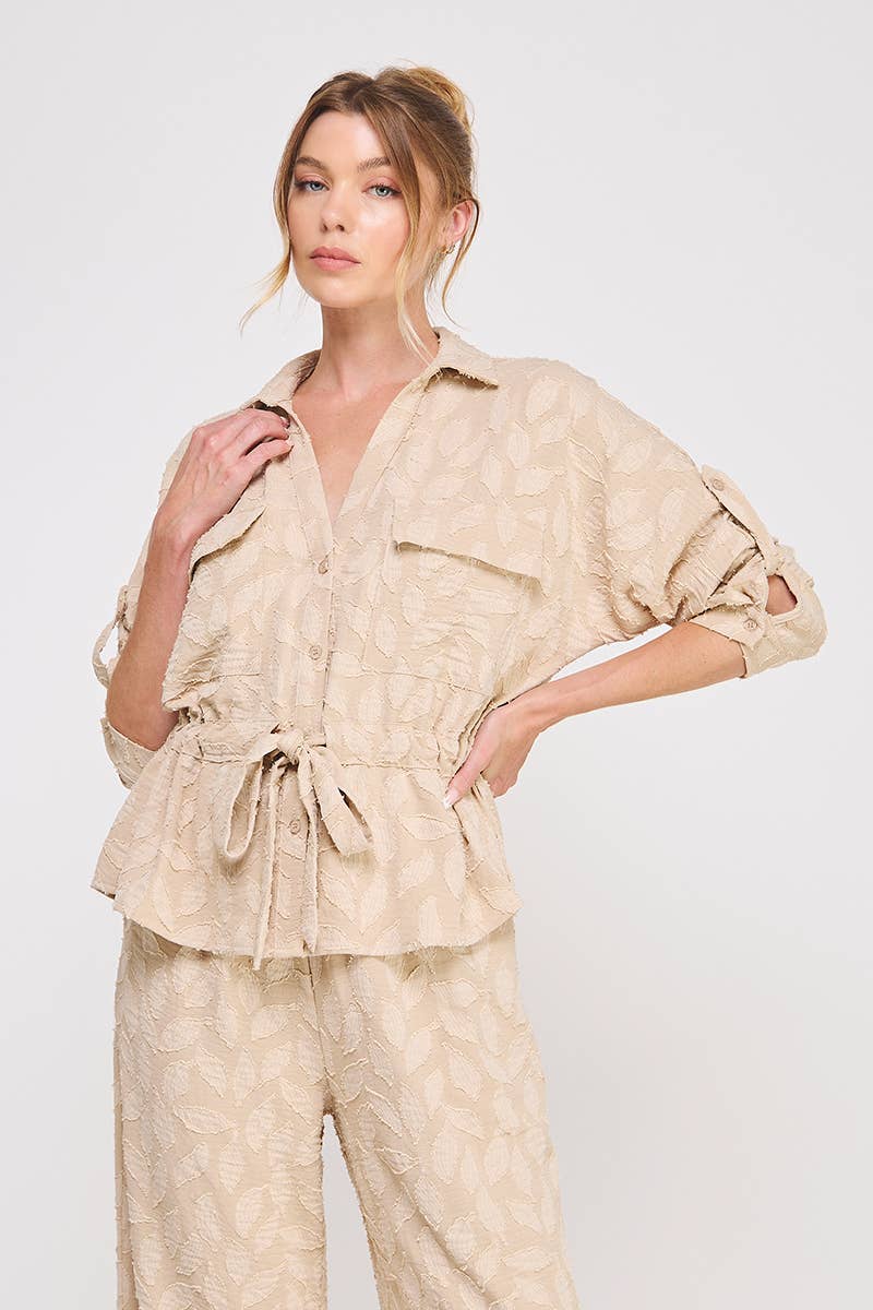 Jacquard utility tie-wait ls blouse: Taupe, L