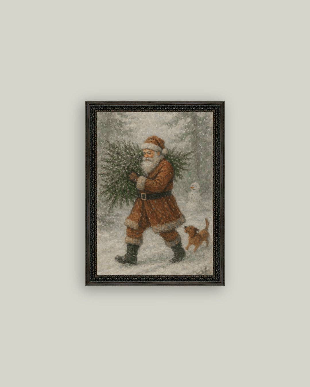 Santa with Tree Framed Antique Art |  5x7