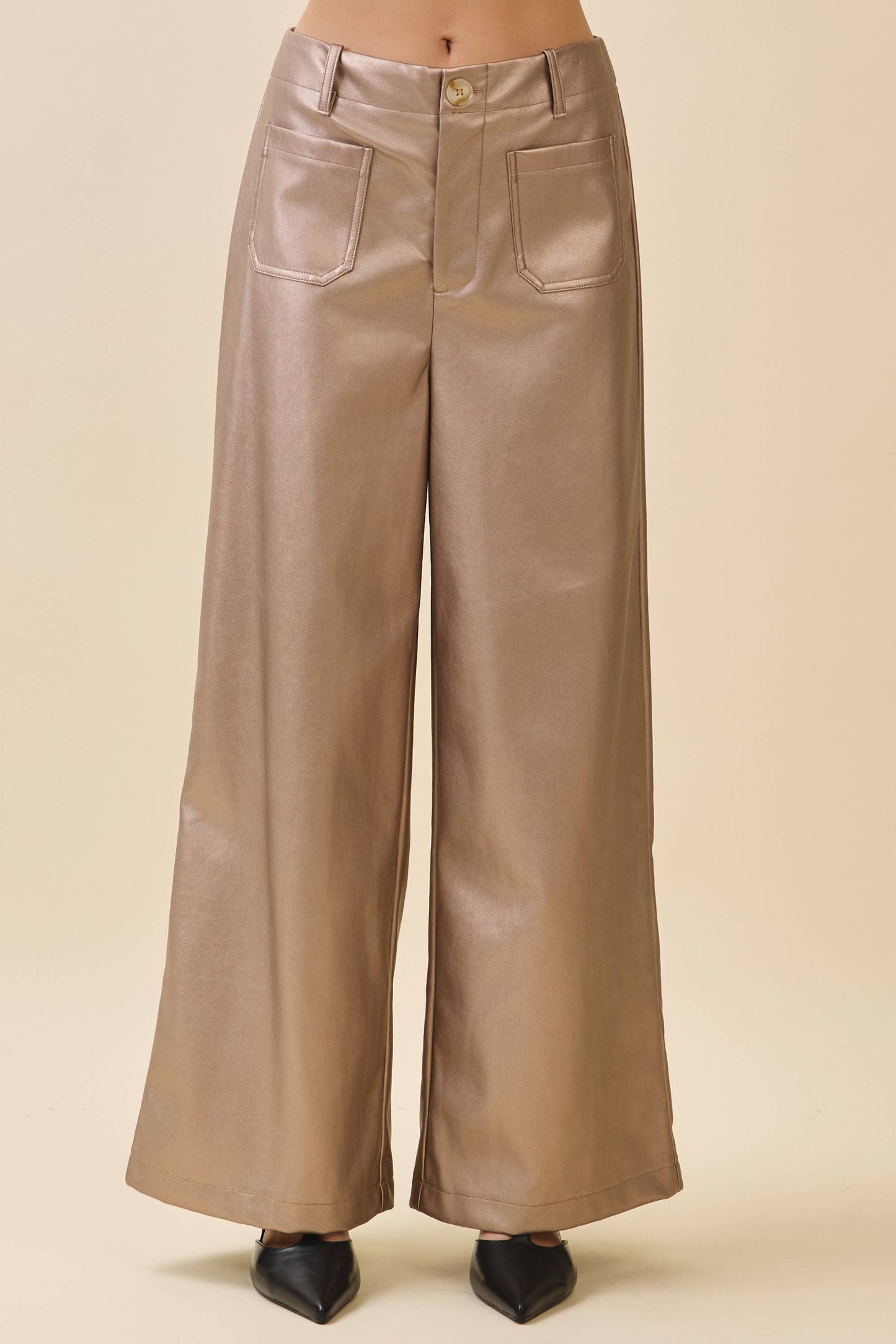 Metallic Wide-Leg Faux Leather Pants | Metallic Taupe