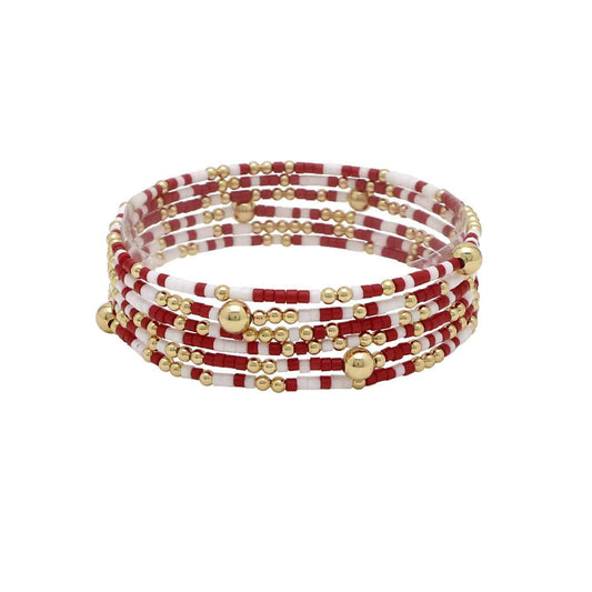 Multi Row Thin Seed Bead Maroon and White Seed Bead Gameday Stretch Bracelets