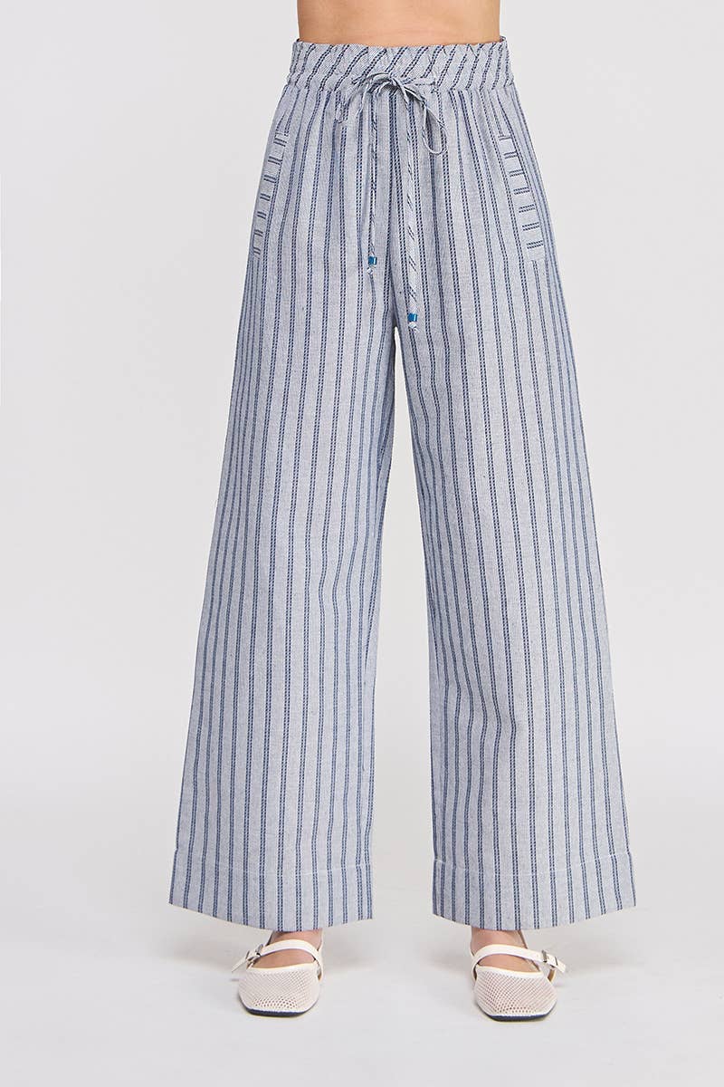 Striped Woven Smock Tie Waist Wide Leg Pants: Sand, S