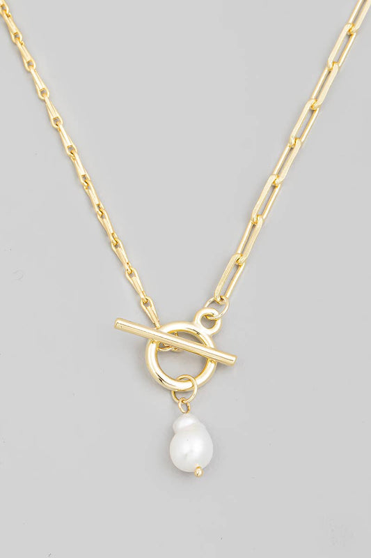 Toggle Chain Pearl Charm Necklace: Gold
