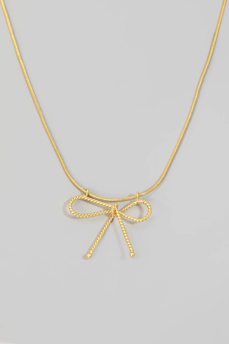 Twisted Metallic Ribbon Bow Pendant Necklace: G
