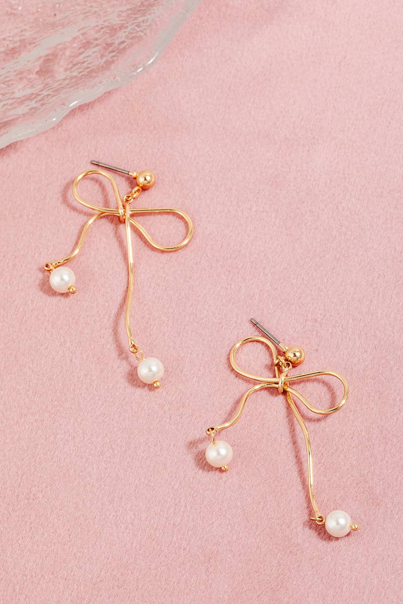 Pearl Charms Metallic Wire Ribbon Bow Earrings