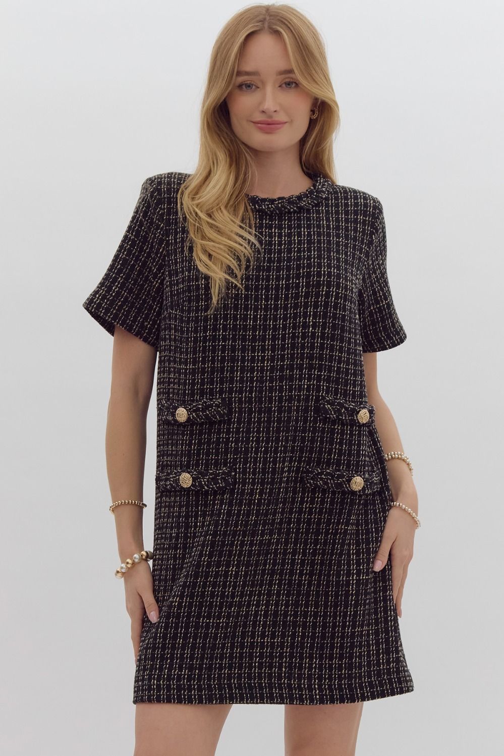 Black Tweed Textured Short Sleeve Dress