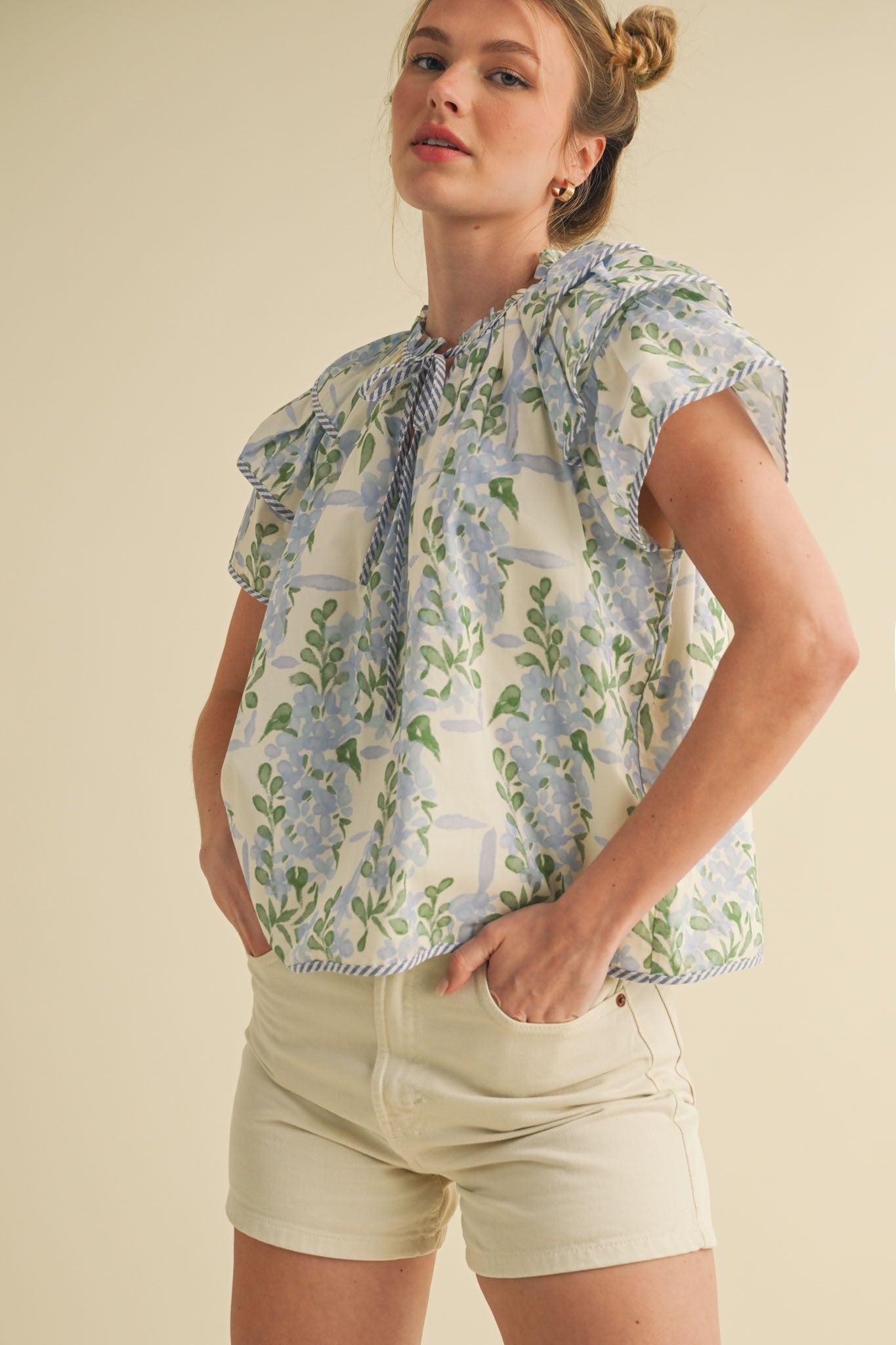 Blue Floral Flutter Sleeve Top