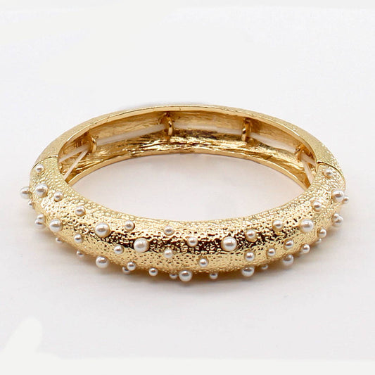 Textured Gold Stretch Bracelet with Small Pearl Accents