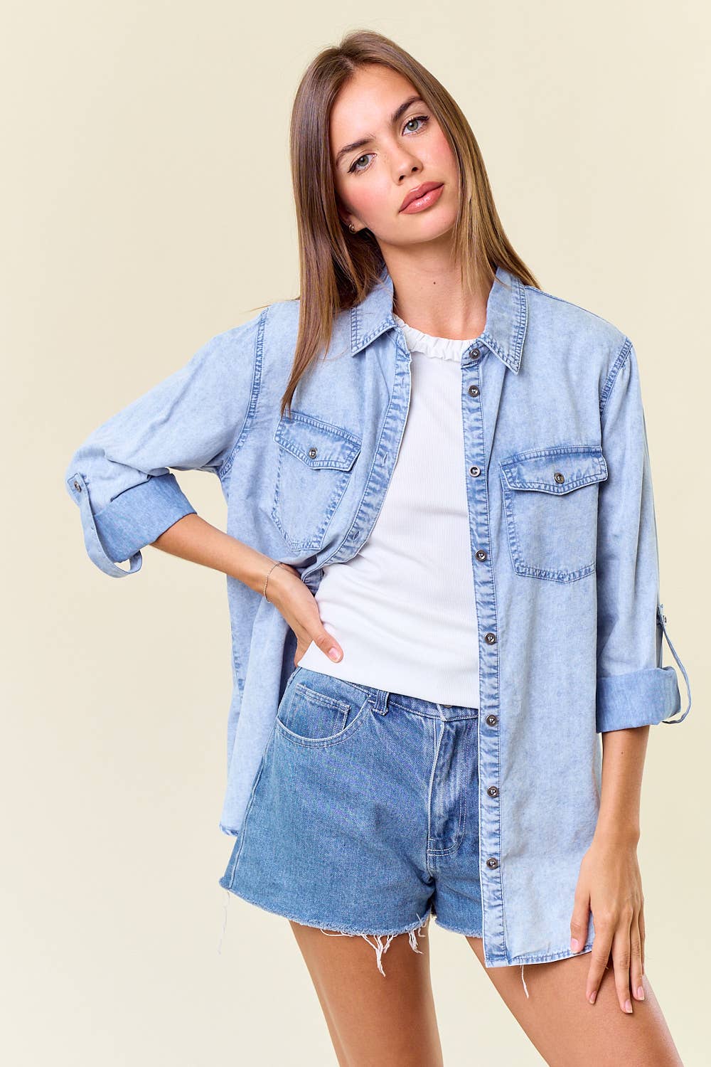 Chambray Button Down Shirt With Roll up Sleeve - 41778T: Lt.Denim, L