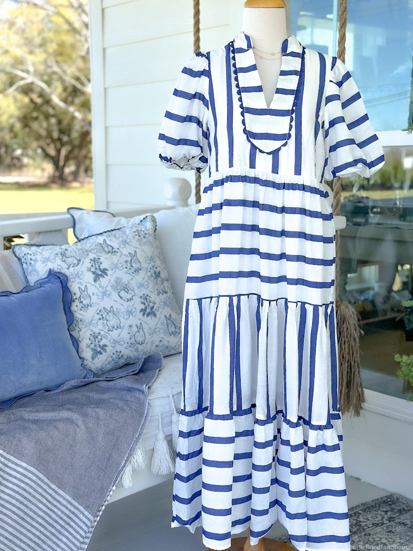 Navy/White Striped Dress with Scallop Accent