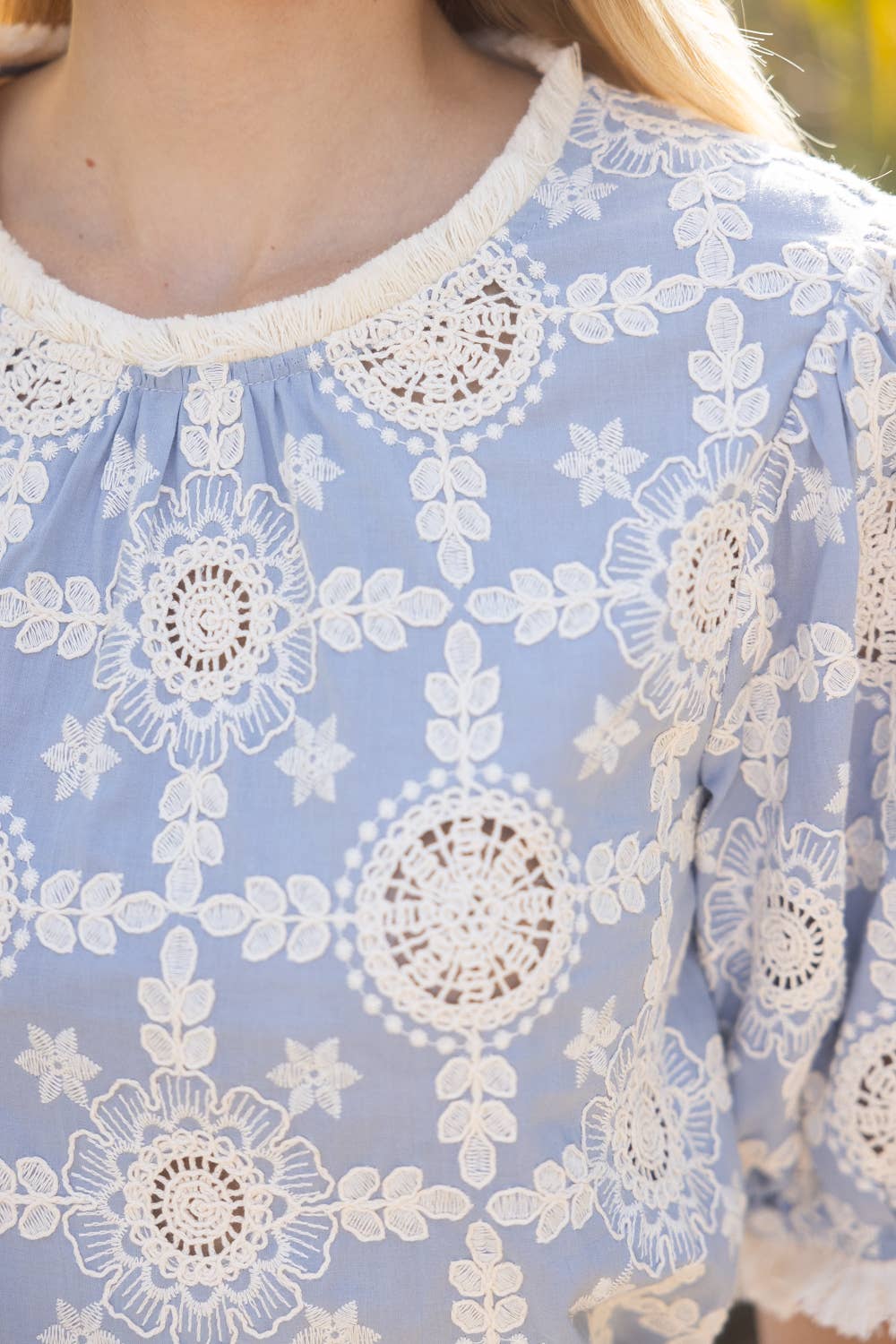 Embroidered Cotton Fringe Detailed Summer Top Slate Blue