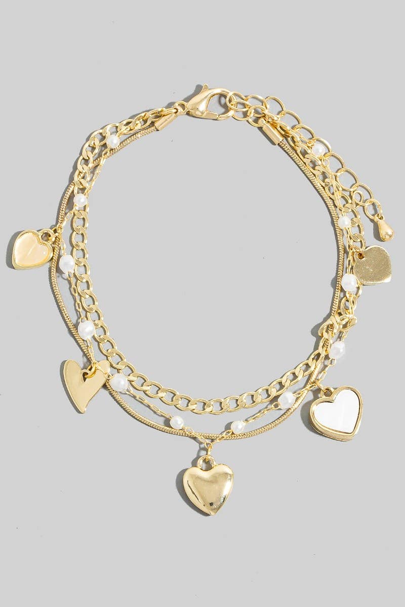 Mother Of Pearl Heart Charms Layered Chain Bracelet