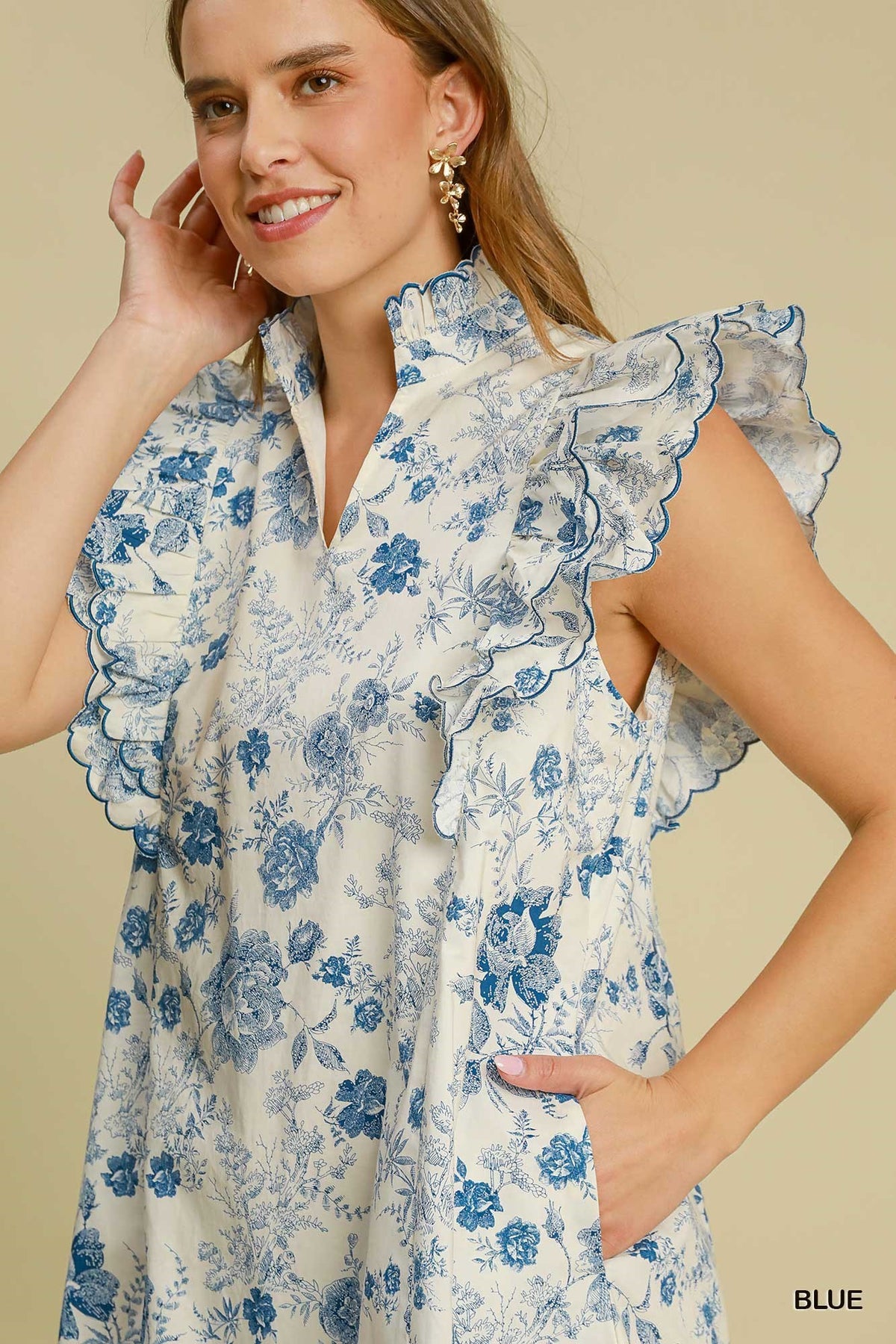 Cream & Blue Floral Ruffle Mini Dress