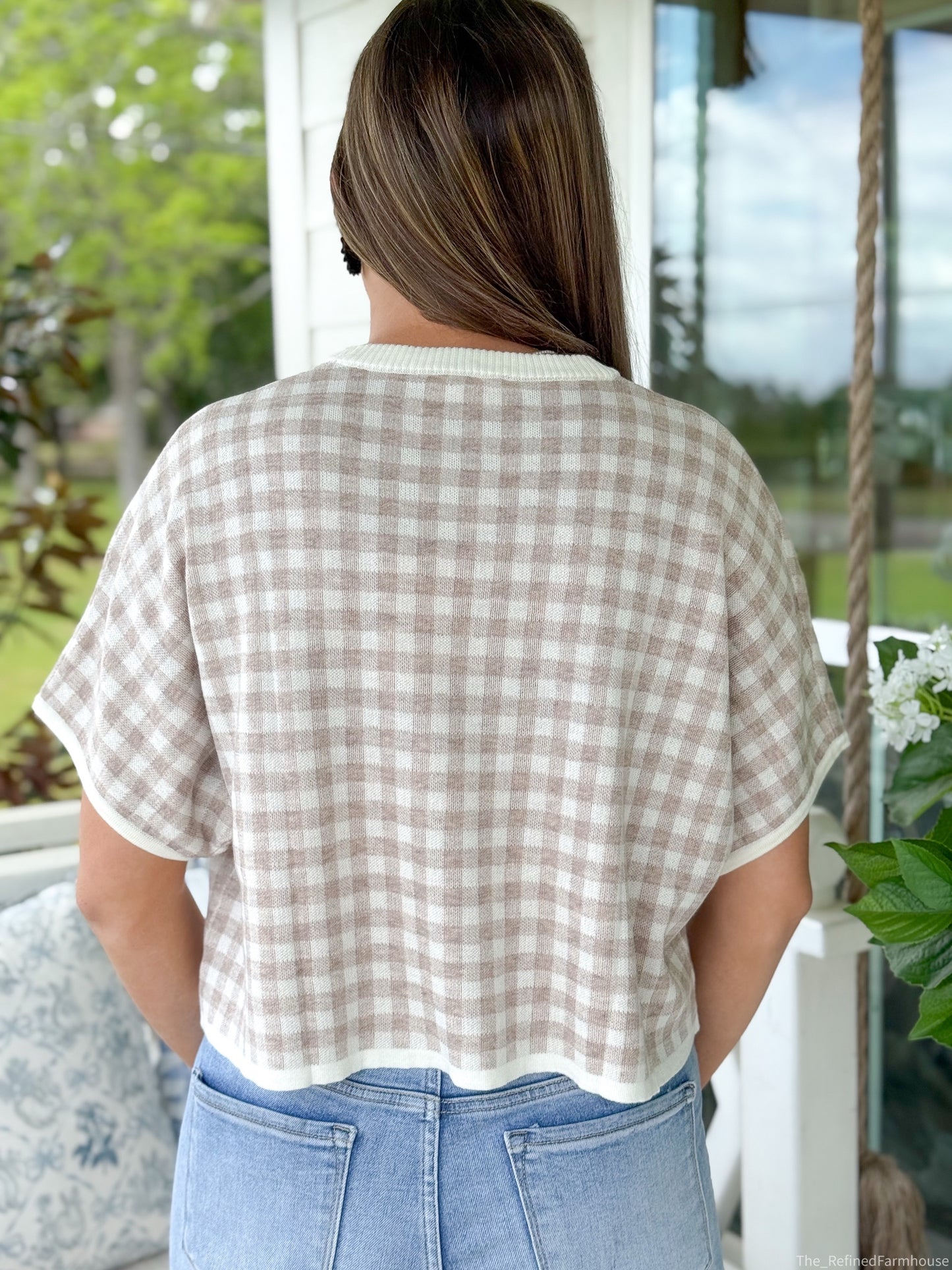 Oatmeal Gingham Knit Top