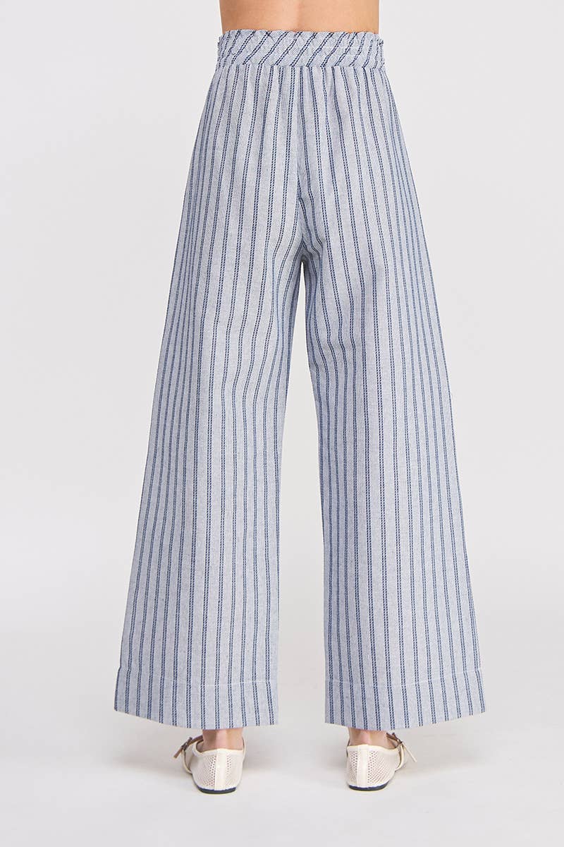 Striped Woven Smock Tie Waist Wide Leg Pants: Sand, S