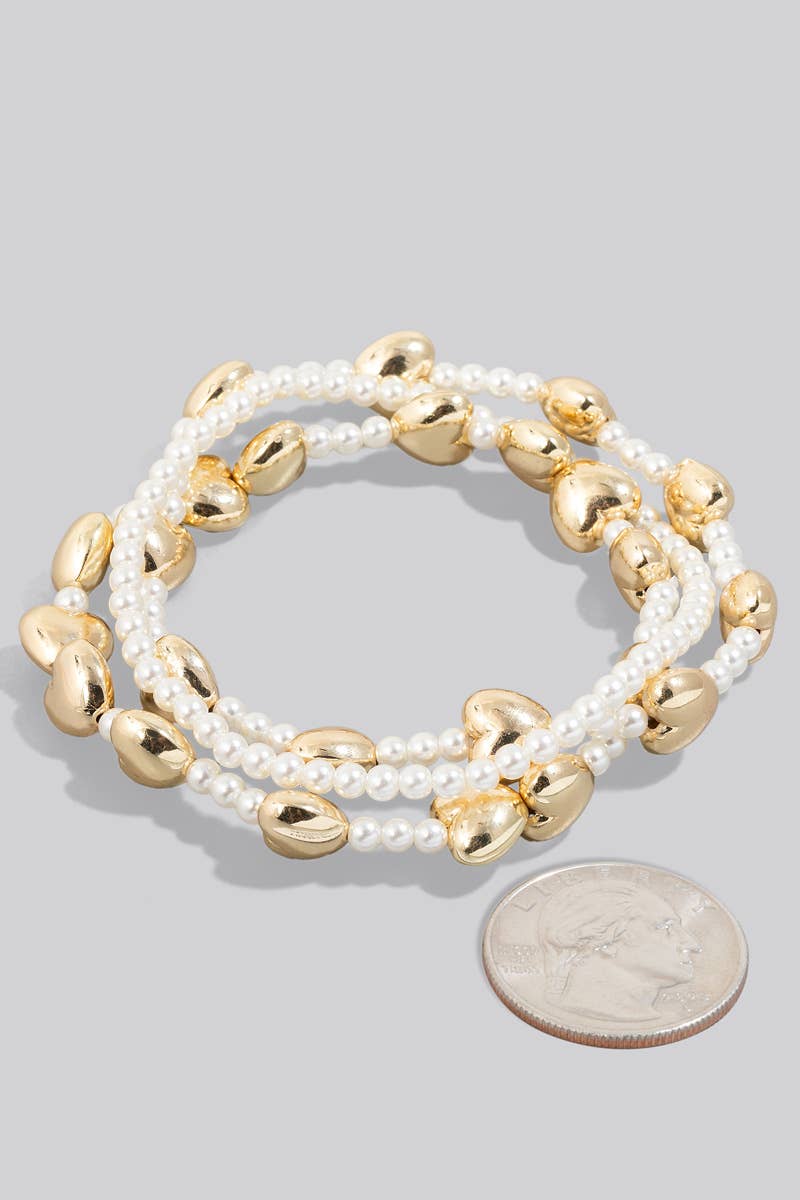 Metallic Hearts And Pearl Beaded Bracelet Set: GDCRM