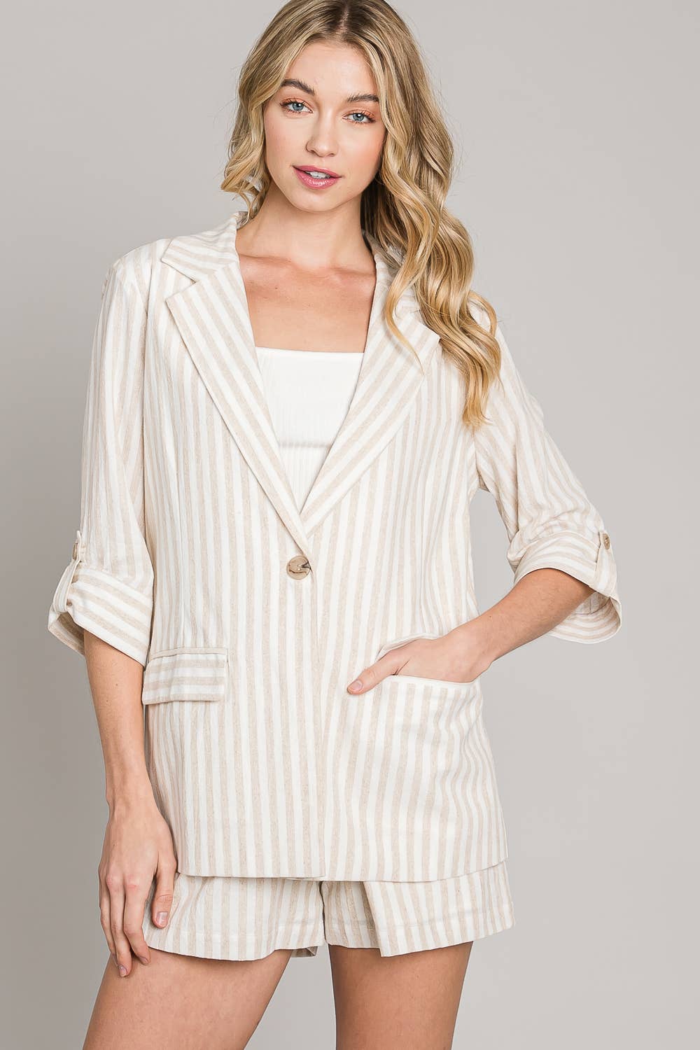 Striped Soft Linen 3/4 Roll-Tab Sleeves Jacket: Soft Blue, M