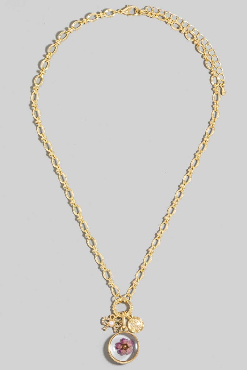 Acrylic Flower Coin And Bow Charms Chain Necklace: Gold