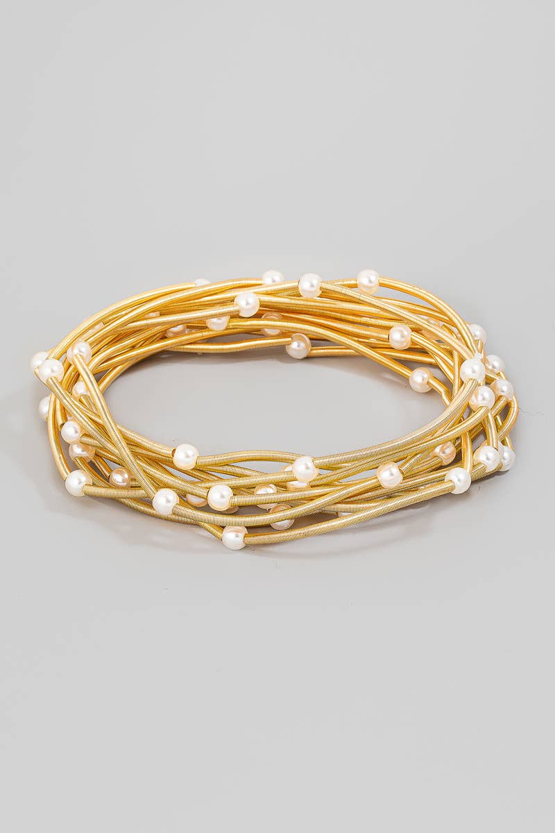 Metallic Coils And Pearl Beaded Bracelet Set: GDCRM