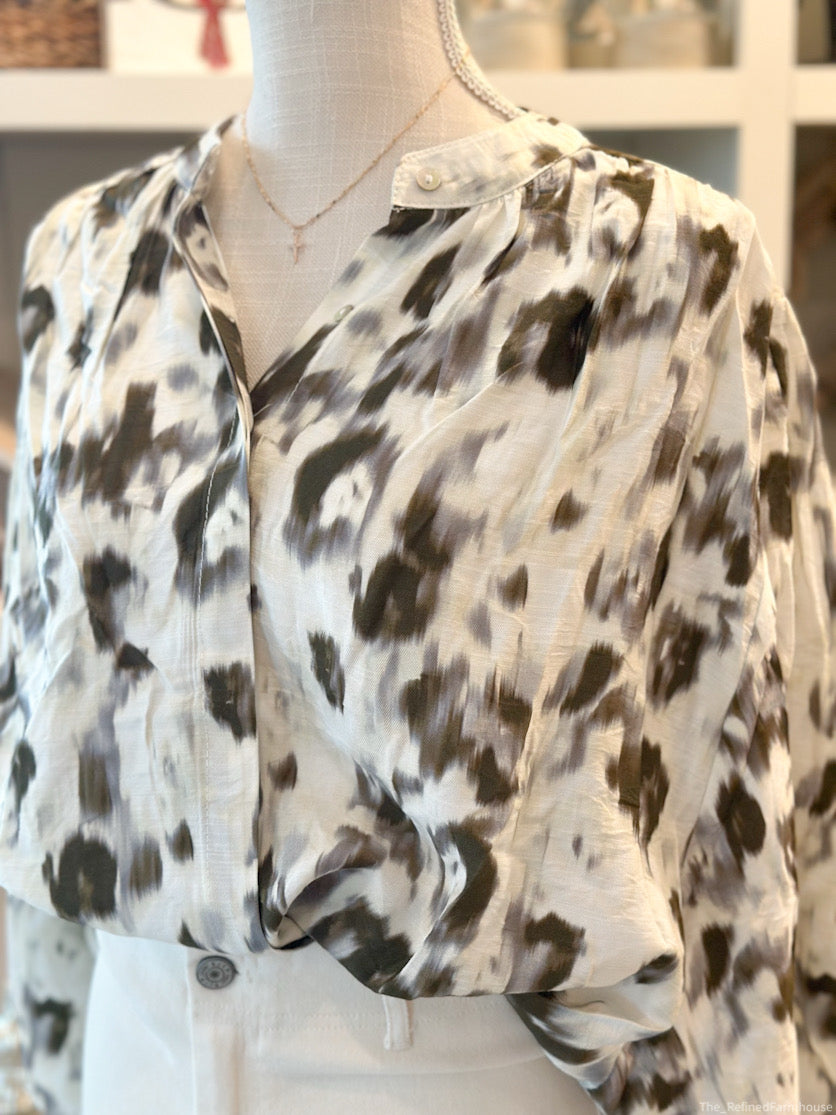 Olive Neck Band Button Down Print Shirts