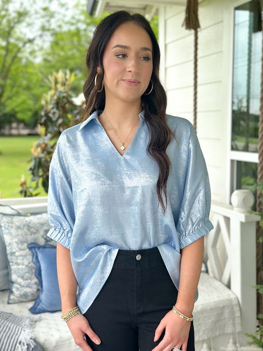 Blue Metallic 1/2 Dolman Sleeves Top