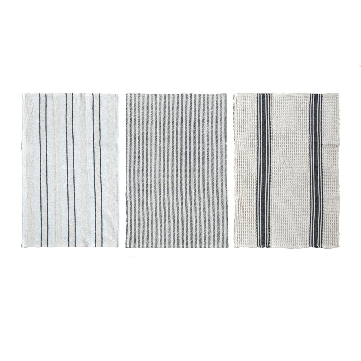 Woven Cotton Waffle Weave/Printed Tea Towel w/ Stripes, 3 Styles