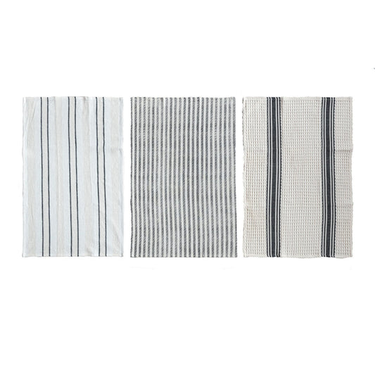 Woven Cotton Waffle Weave/Printed Tea Towel w/ Stripes, 3 Styles