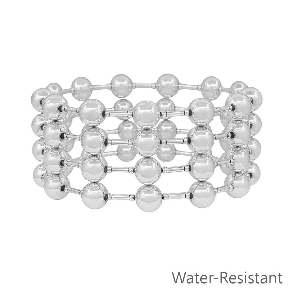 Water Resistant Set of  8MM Silver Beaded and Silver Bar Stretch Bracelets